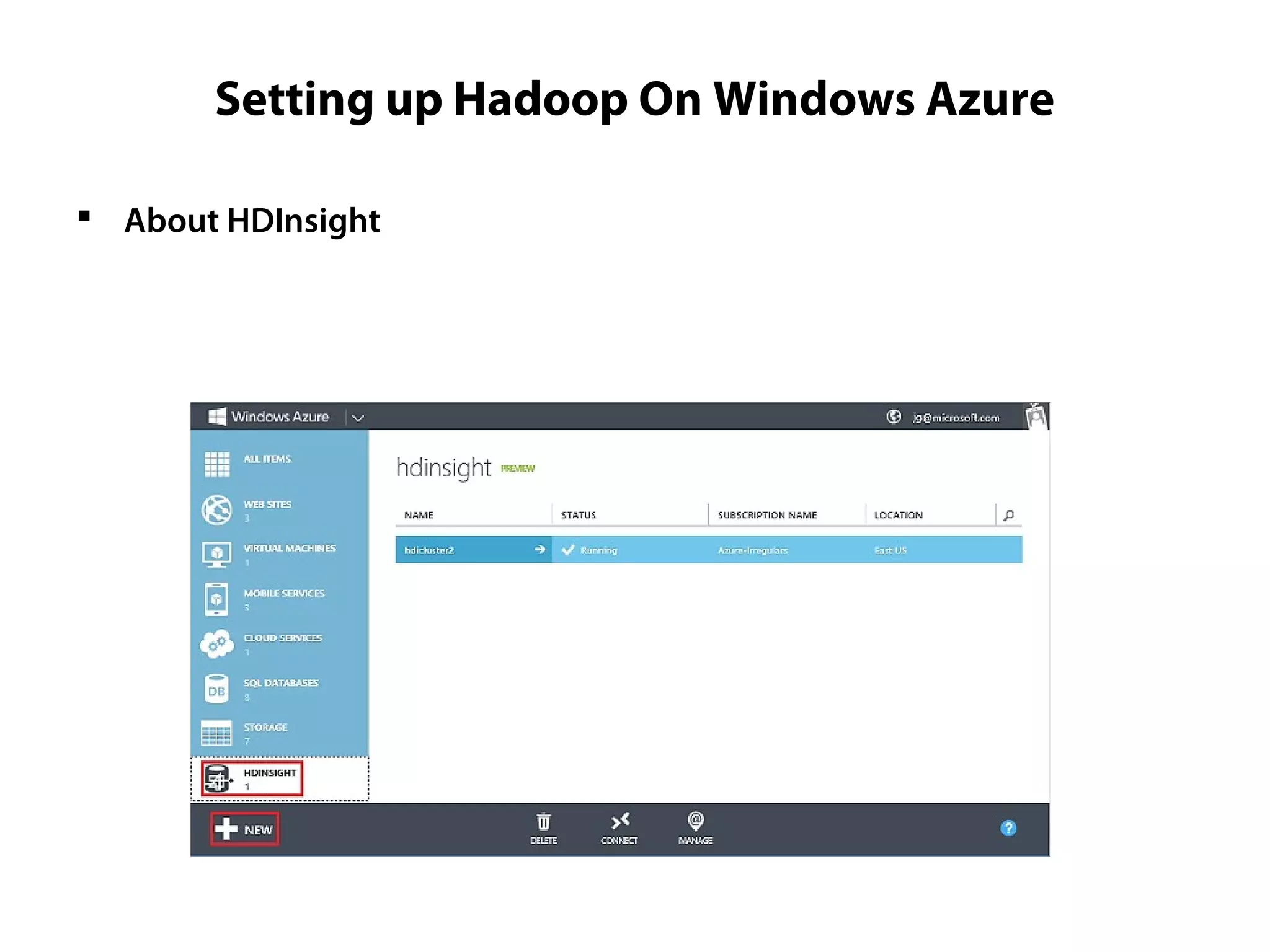 Setting up Hadoop On Windows Azure
 About HDInsight
 