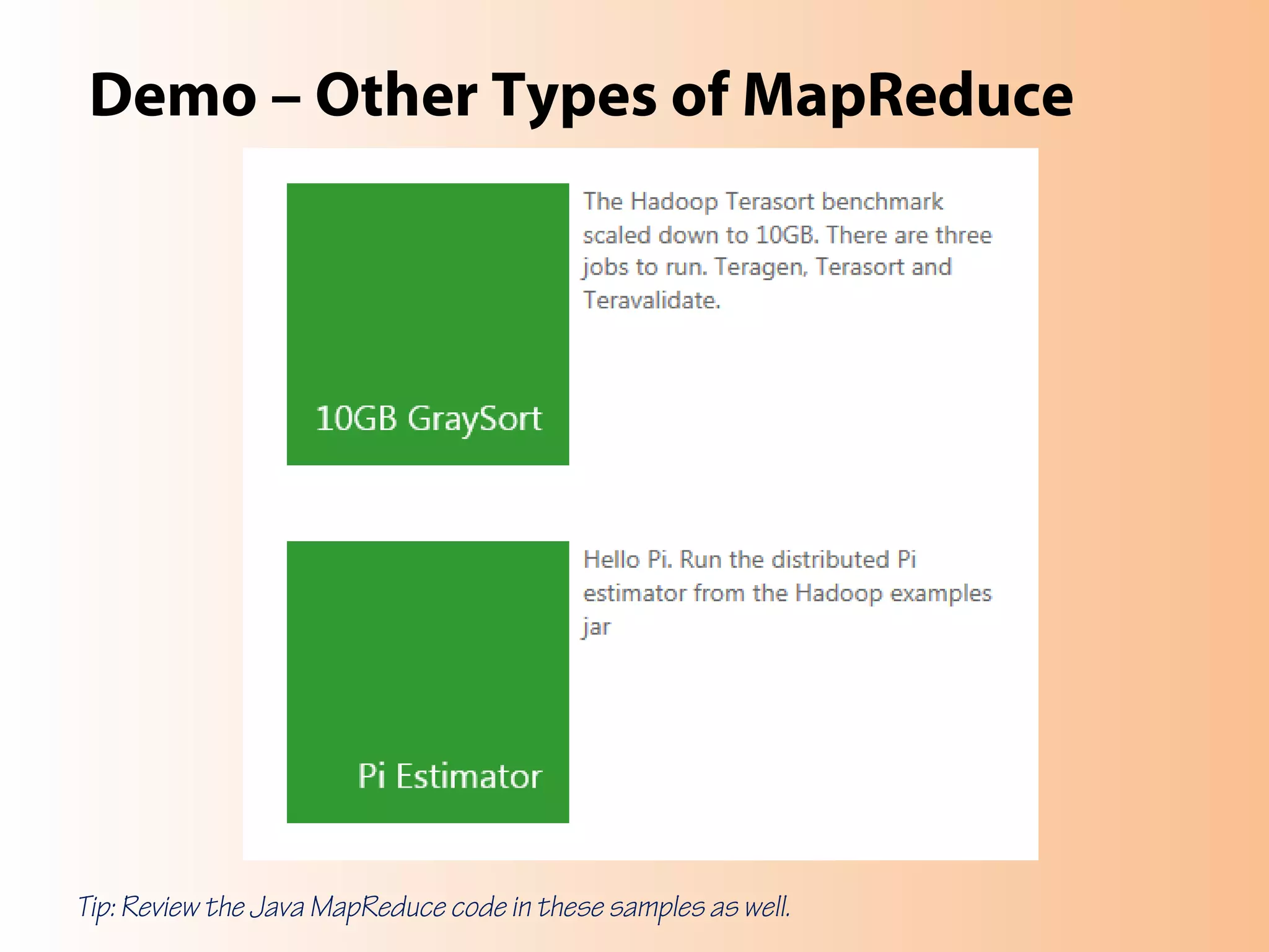 Demo – Other Types of MapReduce
Tip: Review the Java MapReduce code in these samples as well.
 