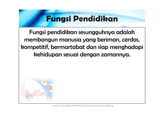 Fungsi pendidikan sesungguhnya adalah
membangun manusia yang beriman, cerdas,
kompetitif, bermartabat dan siap menghadapi
kehidupan sesuai dengan zamannya.kehidupan sesuai dengan zamannya.
Landasan Pendidikan/PGSD/FKIP/Universitas Kanjuruhan Malang
 