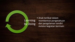 • Anak terlibat dalam
membentuk pengetahuan
dan pengalaman sendiri
melalui kegiatan bermain
Learning
by Doing
 