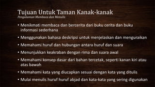 Tujuan Untuk Taman Kanak-kanak
Pengalaman Membaca dan Menulis
• Menikmati membaca dan bercerita dari buku cerita dan buku
informasi sederhana
• Menggunakan bahasa deskripsi untuk menjelaskan dan menguraikan
• Memahami huruf dan hubungan antara huruf dan suara
• Menunjukkan keakraban dengan rima dan suara awal
• Memahami konsep dasar dari bahan tercetak, seperti kanan kiri atau
atas bawah
• Memahami kata yang diucapkan sesuai dengan kata yang ditulis
• Mulai menulis huruf huruf abjad dan kata-kata yang sering digunakan
 