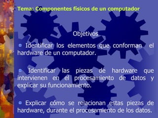 Tema: Componentes físicos de un computador Identificar los elementos que conforman  el hardware de un computador .   Identificar las piezas de hardware que intervienen en el procesamiento de datos y explicar su funcionamiento.  Explicar cómo se relacionan estas piezas de hardware, durante el procesamiento de los datos . Objetivos 