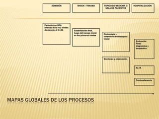 MAPAS GLOBALES DE LOS PROCESOS
ADMISIÓN SHOCK - TRAUMA TÓPICO DE MEDICINA O
SALA DE PACIENTES
HOSPITALIZACIÓN
Paciente con HDA
referido de la red, niveles
de atención I, II ó III. Estabilización final,
luego del manejo inicial
en los primeros niveles
Endoscopia y
tratamiento endoscópico
inicial
Monitoreo y observación
Evaluación
Final:
diagnóstica y
terapéutica.
ALTA
Contrareferencia
 