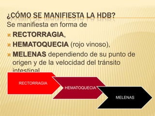 ¿CÓMO SE MANIFIESTA LA HDB?
Se manifiesta en forma de
 RECTORRAGIA,
 HEMATOQUECIA (rojo vinoso),
 MELENAS dependiendo de su punto de
origen y de la velocidad del tránsito
intestinal.
RECTORRAGIA
HEMATOQUECIA
MELENAS
 