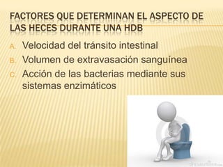 FACTORES QUE DETERMINAN EL ASPECTO DE
LAS HECES DURANTE UNA HDB
A. Velocidad del tránsito intestinal
B. Volumen de extravasación sanguínea
C. Acción de las bacterias mediante sus
sistemas enzimáticos
 