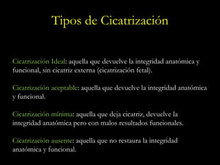 Tipos de Cicatrización Cicatrización Ideal : aquella que devuelve la integridad anatómica y funcional, sin cicatriz externa (cicatrización fetal). Cicatrización aceptable : aquella que devuelve la integridad anatómica y funcional. Cicatrización mínima : aquella que deja cicatriz, devuelve la integridad anatómica pero con malos resultados funcionales. Cicatrización ausente : aquella que no restaura la integridad anatómica y funcional. 