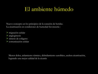 El ambiente húmedo Nuevo concepto en los principios de la curación de heridas. La cicatrización en condiciones de humedad favorecería : migración celular angiogénesis síntesis de colágeno comunicación celular Menor dolor, aislamiento térmico, debridamiento autolítico, acelera cicatrización, logrando una mejor calidad de la cicatriz 