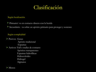Clasificación Según localización Primario :  va en contacto directo con la herida Secundario:  va sobre un apósito primario para proteger y sostener. Según complejidad Pasivos:  Gasas Apósito tradicional Espumas Activos: Tull o mallas de contacto Apósitos transparentes Espumas hidrofílicas Hidrocoloides Hidrogel Alginatos Mixtos 