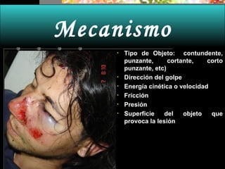 Mecanismo Tipo de Objeto:  contundente, punzante, cortante, corto punzante, etc) Dirección del golpe Energía cinética o velocidad Fricción  Presión Superficie del objeto que provoca la lesión 