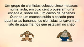 Um grupo de cientistas colocou cinco macacos
numa jaula, em cujo centro puseram uma
escada e, sobre ela, um cacho de bananas.
Quando um macaco subia a escada para
apanhar as bananas, os cientistas lançavam um
jato de água fria nos que estavam no chão.
 