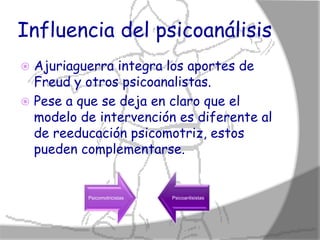 Influencia del psicoanálisis
 Ajuriaguerra integra los aportes de
  Freud y otros psicoanalistas.
 Pese a que se deja en claro que el
  modelo de intervención es diferente al
  de reeducación psicomotriz, estos
  pueden complementarse.


          Psicomotricistas   Psicoanlisistas
 