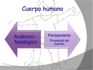 Cuerpo humano



Anátomo -     Pensamiento
              Propiedad del
fisiológico      espíritu
 