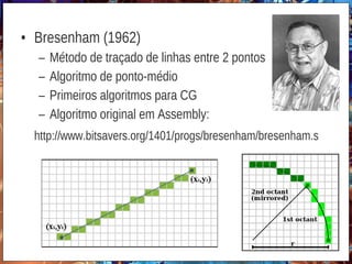 • Bresenham (1962)
– Método de traçado de linhas entre 2 pontos
– Algoritmo de ponto-médio
– Primeiros algoritmos para CG
– Algoritmo original em Assembly:
http://www.bitsavers.org/1401/progs/bresenham/bresenham.s
 