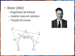 • Bézier (1962)
– Engenheiro da Renault
– modelos reais em números
– Traçado de curvas
 