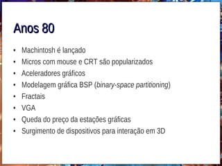 Anos 80Anos 80
• Machintosh é lançado
• Micros com mouse e CRT são popularizados
• Aceleradores gráficos
• Modelagem gráfica BSP (binary-space partitioning)
• Fractais
• VGA
• Queda do preço da estações gráficas
• Surgimento de dispositivos para interação em 3D
 