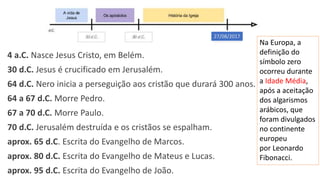 4 a.C. Nasce Jesus Cristo, em Belém.
30 d.C. Jesus é crucificado em Jerusalém.
64 d.C. Nero inicia a perseguição aos cristão que durará 300 anos.
64 a 67 d.C. Morre Pedro.
67 a 70 d.C. Morre Paulo.
70 d.C. Jerusalém destruída e os cristãos se espalham.
aprox. 65 d.C. Escrita do Evangelho de Marcos.
aprox. 80 d.C. Escrita do Evangelho de Mateus e Lucas.
aprox. 95 d.C. Escrita do Evangelho de João.
27/08/2017
Na Europa, a
definição do
símbolo zero
ocorreu durante
a Idade Média,
após a aceitação
dos algarismos
arábicos, que
foram divulgados
no continente
europeu
por Leonardo
Fibonacci.
 