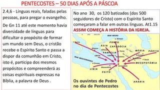 PENTECOSTES – 50 DIAS APÓS A PÁSCOA
2.4,6 - Línguas reais, faladas pelas
pessoas, para pregar o evangelho.
De Gn 11 até este momento havia
diversidade de línguas para
dificultar o propósito de formar
um mundo sem Deus, o cristão
recebe o Espírito Santo e passa a
dispor da comunhão em Cristo,
isto é, participa dos mesmos
propósitos e compreenderá as
coisas espirituais expressas na
Bíblia, a palavra de Deus .
23
No ano 30, os 120 batizados (dos 500
seguidores de Cristo) com o Espírito Santo
começaram a falar em outras línguas. At1.15
ASSIM COMEÇA A HISTÓRIA DA IGREJA.
 
