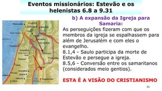 25
Eventos missionários: Estevão e os
helenistas 6.8 a 9.31
b) A expansão da Igreja para
Samaria:
As perseguições fizeram com que os
membros da igreja se espalhassem para
além de Jerusalém e com eles o
evangelho.
8.1,4 - Saulo participa da morte de
Estevão e persegue a igreja.
8.5,6 - Conversão entre os samaritanos
(considerados meio gentios).
ESTA É A VISÃO DO CRISTIANISMO
 