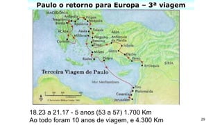 29
Paulo o retorno para Europa – 3ª viagem
18.23 a 21.17 - 5 anos (53 a 57) 1.700 Km
Ao todo foram 10 anos de viagem, e 4.300 Km
 