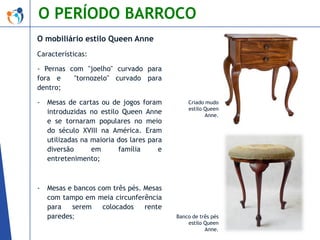 O PERÍODO BARROCO
O mobiliário estilo Queen Anne
Características:
- Pernas com "joelho" curvado para
fora e
"tornozelo" curvado para
dentro;
-

Mesas de cartas ou de jogos foram
introduzidas no estilo Queen Anne
e se tornaram populares no meio
do século XVIII na América. Eram
utilizadas na maioria dos lares para
diversão
em
família
e
entretenimento;

-

Mesas e bancos com três pés. Mesas
com tampo em meia circunferência
para
serem
colocados
rente
paredes;

Criado mudo
estilo Queen
Anne.

Banco de três pés
estilo Queen
Anne.

 