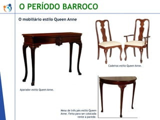 O PERÍODO BARROCO
O mobiliário estilo Queen Anne

Cadeiras estilo Queen Anne.

Aparador estilo Queen Anne.

Mesa de três pés estilo Queen
Anne. Feita para ser colocada
rente a parede.

 