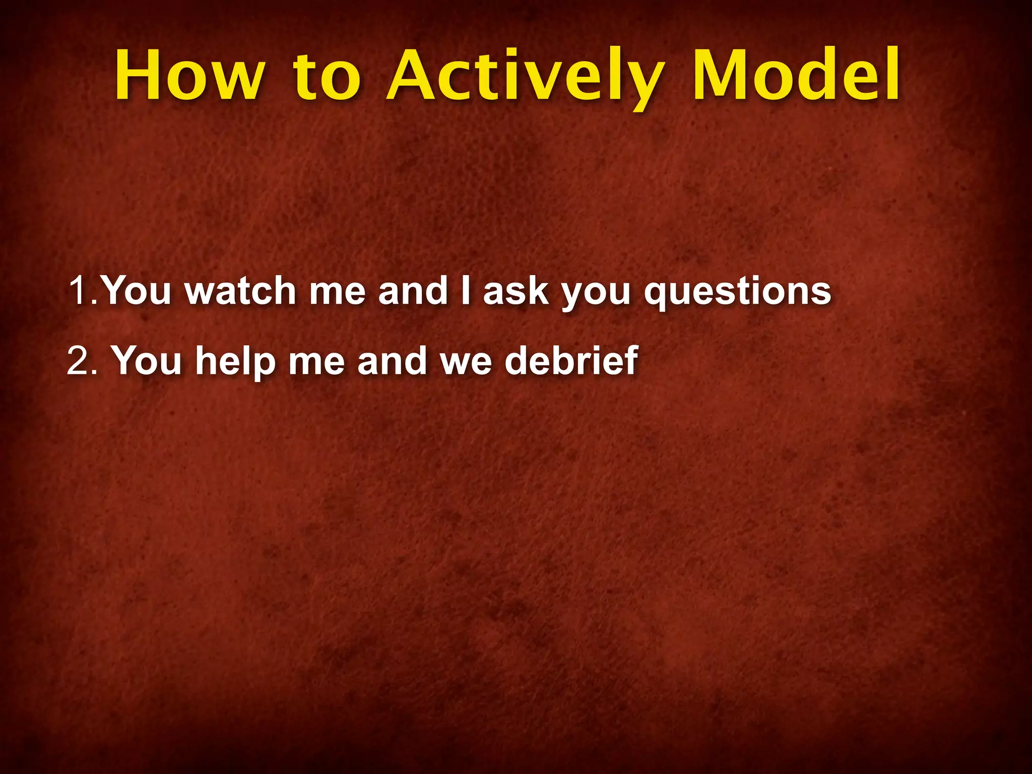How to Actively Model

1.You watch me and I ask you questions
2. You help me and we debrief
 