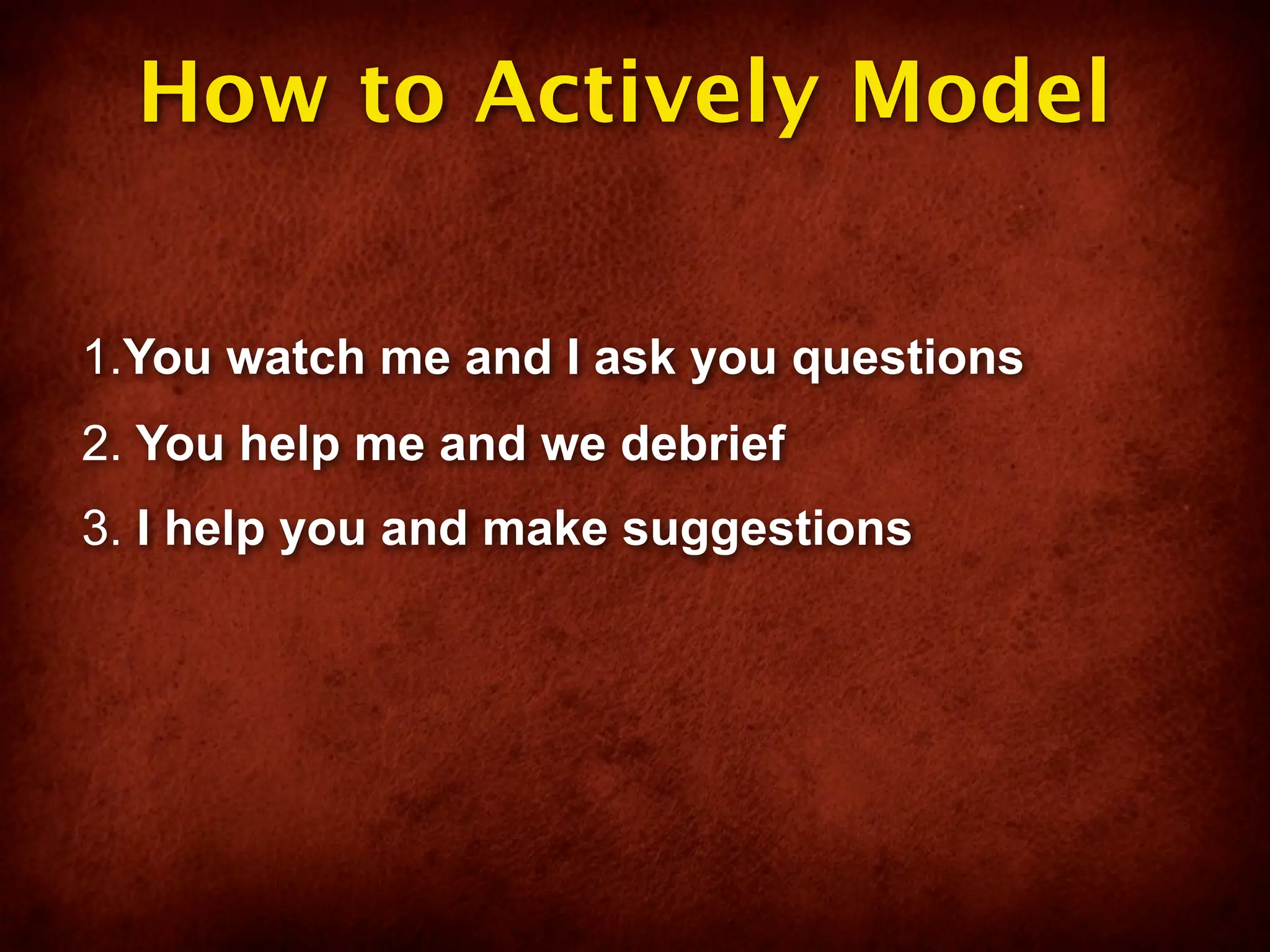 How to Actively Model

1.You watch me and I ask you questions
2. You help me and we debrief
3. I help you and make suggestions
 