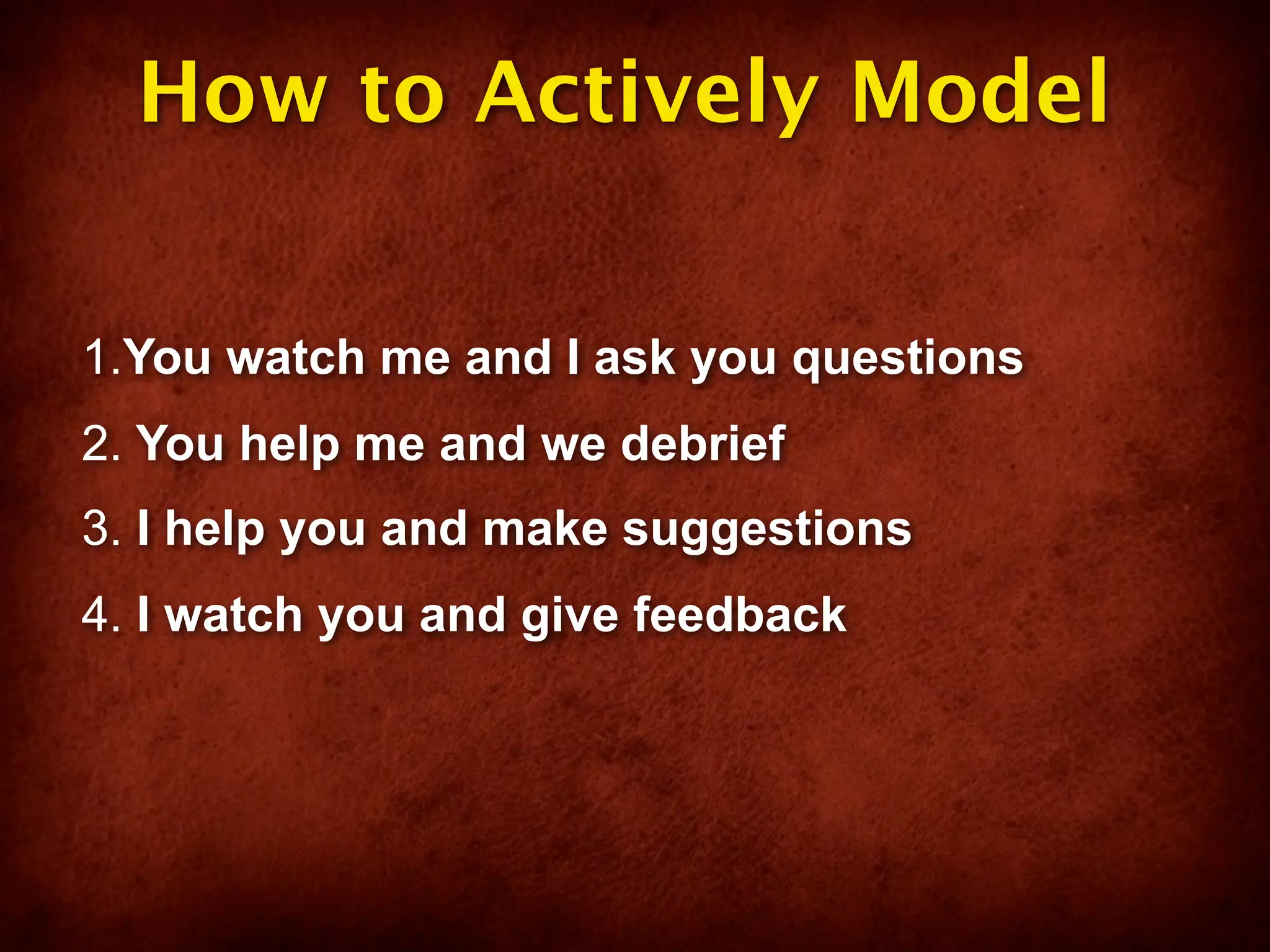 How to Actively Model

1.You watch me and I ask you questions
2. You help me and we debrief
3. I help you and make suggestions
4. I watch you and give feedback
 