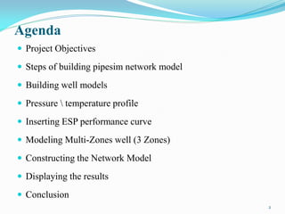 Agenda
 Project Objectives
 Steps of building pipesim network model
 Building well models
 Pressure  temperature profile
 Inserting ESP performance curve
 Modeling Multi-Zones well (3 Zones)
 Constructing the Network Model
 Displaying the results
 Conclusion
2
 