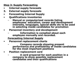 Step 3: Supply Forecasting Internal supply forecasts External supply forecasts  Forecasting Internal Supply Qualifications inventories Manual or computerized records listing employees’ education, career and development interests, languages, special skills etc to be used in selecting inside candidates for promotion Personnel inventory and development Information is complied about each employee manually and recorded. Forecasting Internal Supply Personnel replacement charts Company records showing present performance and profitability of inside candidates for the most important positions Position replacement card A card prepared for each position in a company to show possible replacement candidates and their qualifications 
