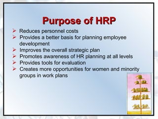Purpose of HRP Reduces personnel costs Provides a better basis for planning employee development Improves the overall strategic plan Promotes awareness of HR planning at all levels Provides tools for evaluation Creates more opportunities for women and minority groups in work plans 