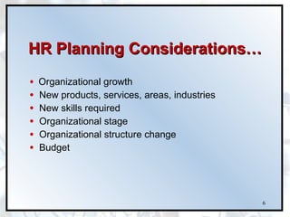 HR Planning Considerations… Organizational growth New products, services, areas, industries New skills required Organizational stage Organizational structure change Budget 