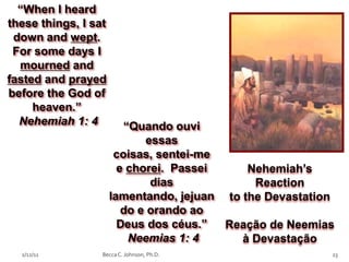 “When I heard
these things, I sat
 down and wept.
 For some days I
  mourned and
fasted and prayed
before the God of
     heaven.”
  Nehemiah 1: 4          “Quando ouvi
                              essas
                       coisas, sentei-me
                        e chorei. Passei     Nehemiah’s
                               dias           Reaction
                      lamentando, jejuan to the Devastation
                         do e orando ao
                        Deus dos céus.”  Reação de Neemias
                          Neemias 1: 4      à Devastação
  2/12/11         Becca C. Johnson, Ph.D.                 23
 