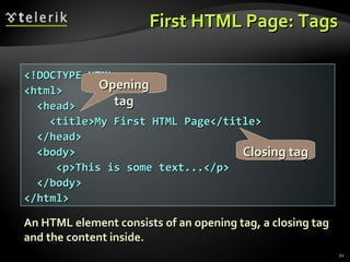 First HTML Page: Tags <!DOCTYPE HTML> <html> <head> <title>My First HTML Page</title> </head> <body> <p>This is some text...</p> </body> </html> Opening tag Closing tag An HTML element consists of an opening tag, a closing tag and the content inside. 