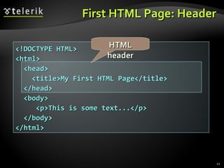 First HTML Page: Header <!DOCTYPE HTML> <html> <head> <title>My First HTML Page</title> </head> <body> <p>This is some text...</p> </body> </html> HTML header 