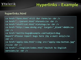Hyperlinks – Example <a href="form.html">Fill Our Form</a> <br /> <a href="../parent.html">Parent</a> <br /> <a href="stuff/cat.html">Catalog</a> <br /> <a href="http://www.devbg.org" target="_blank">BASD</a> <br /> <a href="mailto:bugs@example.com?subject=Bug Report">Please report bugs here (by e-mail only)</a> <br /> <a href="apply-now.html"><img src="apply-now-button.jpg” /></a> <br /> <a href="../english/index.html">Switch to English version</a> <br /> hyperlinks.html 