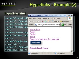Hyperlinks – Example (2) <a href="form.html">Fill Our Form</a> <br /> <a href="../parent.html">Parent</a> <br /> <a href="stuff/cat.html">Catalog</a> <br /> <a href="http://www.devbg.org" target="_blank">BASD</a> <br /> <a href="mailto:bugs@example.com?subject=Bug Report">Please report bugs here (by e-mail only)</a> <br /> <a href="apply-now.html"><img src="apply-now-button.jpg” /></a> <br /> <a href="../english/index.html">Switch to English version</a> <br /> hyperlinks.html 