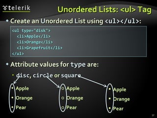 Unordered Lists:  < u l>  Tag Create an  U nordered  L ist using  <ul></ul> : Attribute values for  type  are: disc ,  circle  or  square Apple Orange Pear Apple Orange Pear Apple Orange Pear <ul type="disk"> <li>Apple</li> <li>Orange</li> <li>Grapefruit</li> </ul> 