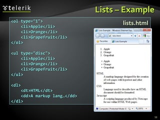 Lists – Example <ol type="1"> <li>Apple</li> <li>Orange</li> <li>Grapefruit</li> </ol> <ul type="disc"> <li>Apple</li> <li>Orange</li> <li>Grapefruit</li> </ul> <dl> <dt>HTML</dt> <dd>A markup lang…</dd> </dl> lists.html 