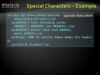 Special Characters – Example <p>[>>&nbsp;&nbsp;Welcome &nbsp;&nbsp;<<]</p> <p>►I have following cards: A♣, K♦ and 9♥.</p> <p>►I prefer hard rock ♫ music ♫</p> <p>&copy; 2006 by Svetlin Nakov &amp; his team</p> <p>Telerik Academy™</p> special-chars.html 