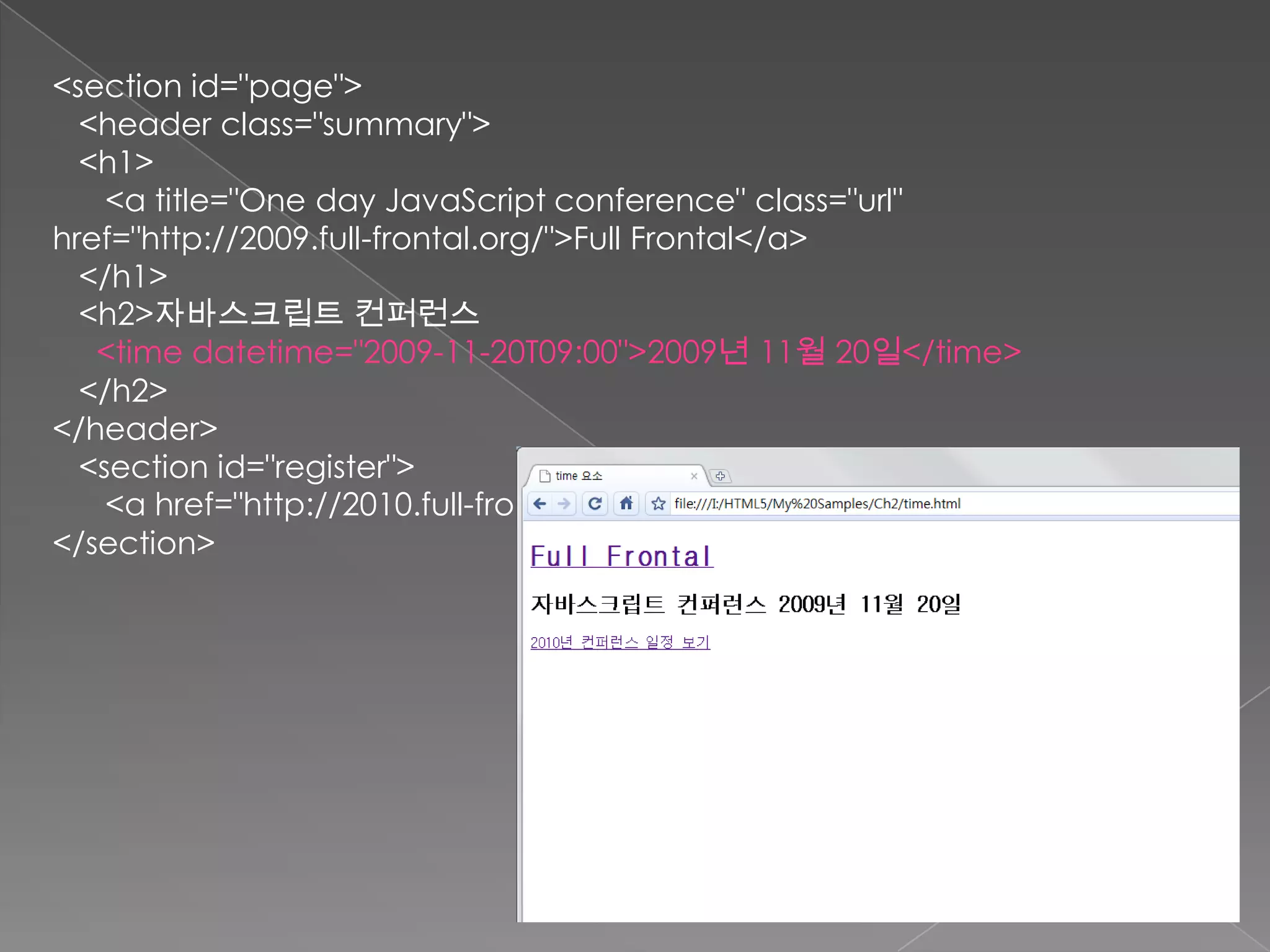 <section id="page">
  <header class="summary">
  <h1>
    <a title="One day JavaScript conference" class="url"
href="http://2009.full-frontal.org/">Full Frontal</a>
  </h1>
  <h2>자바스크립트 컨퍼런스
   <time datetime="2009-11-20T09:00">2009년 11월 20일</time>
  </h2>
</header>
  <section id="register">
    <a href="http://2010.full-frontal.org/">2010년 컨퍼런스 일정 보기</a>
</section>
 