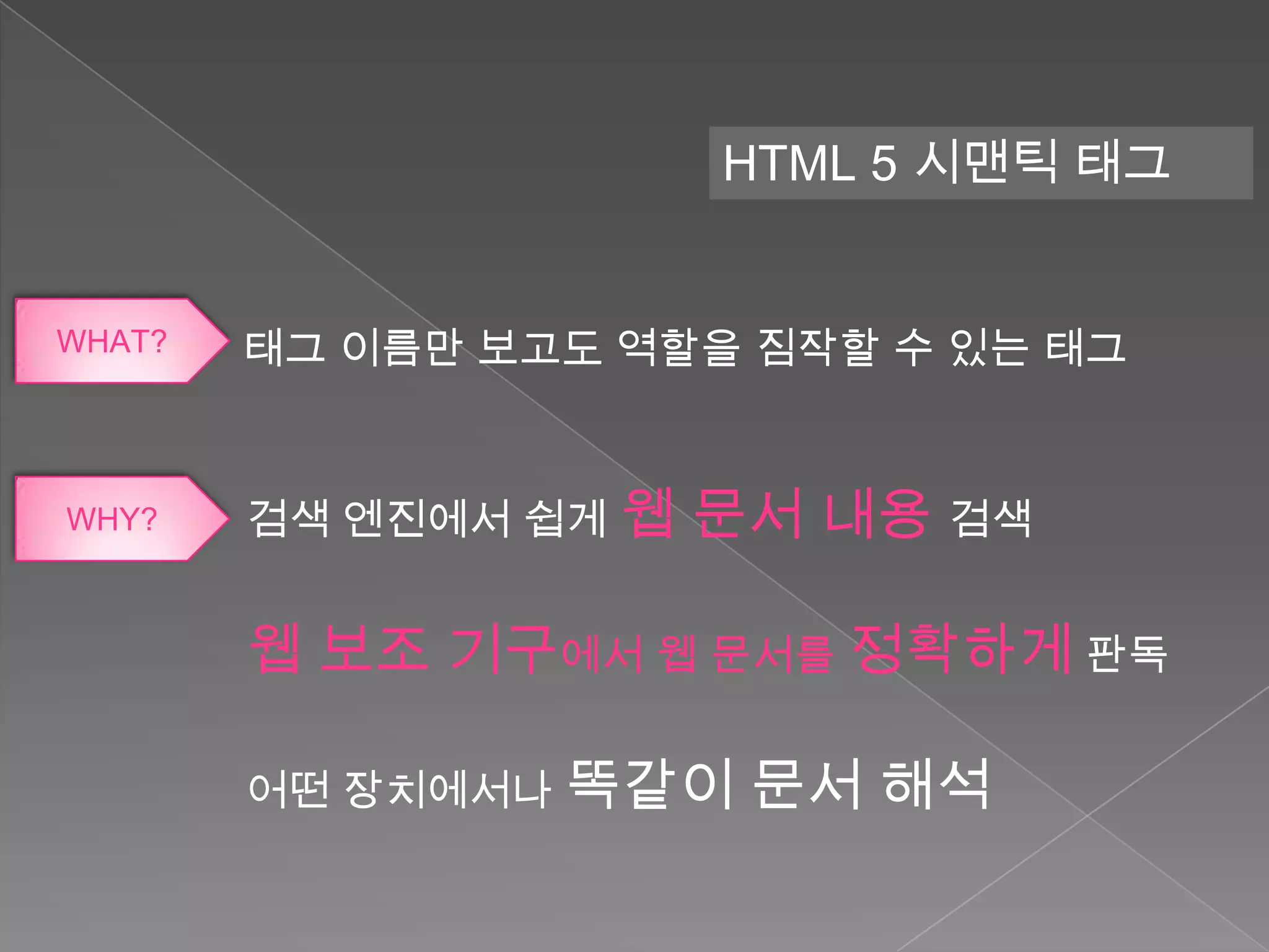 HTML 5 시맨틱 태그


WHAT?   태그 이름만 보고도 역할을 짐작할 수 있는 태그


WHY?    검색 엔진에서 쉽게 웹   문서 내용 검색

        웹 보조 기구에서 웹 문서를 정확하게 판독

        어떤 장치에서나 똑같이    문서 해석
 