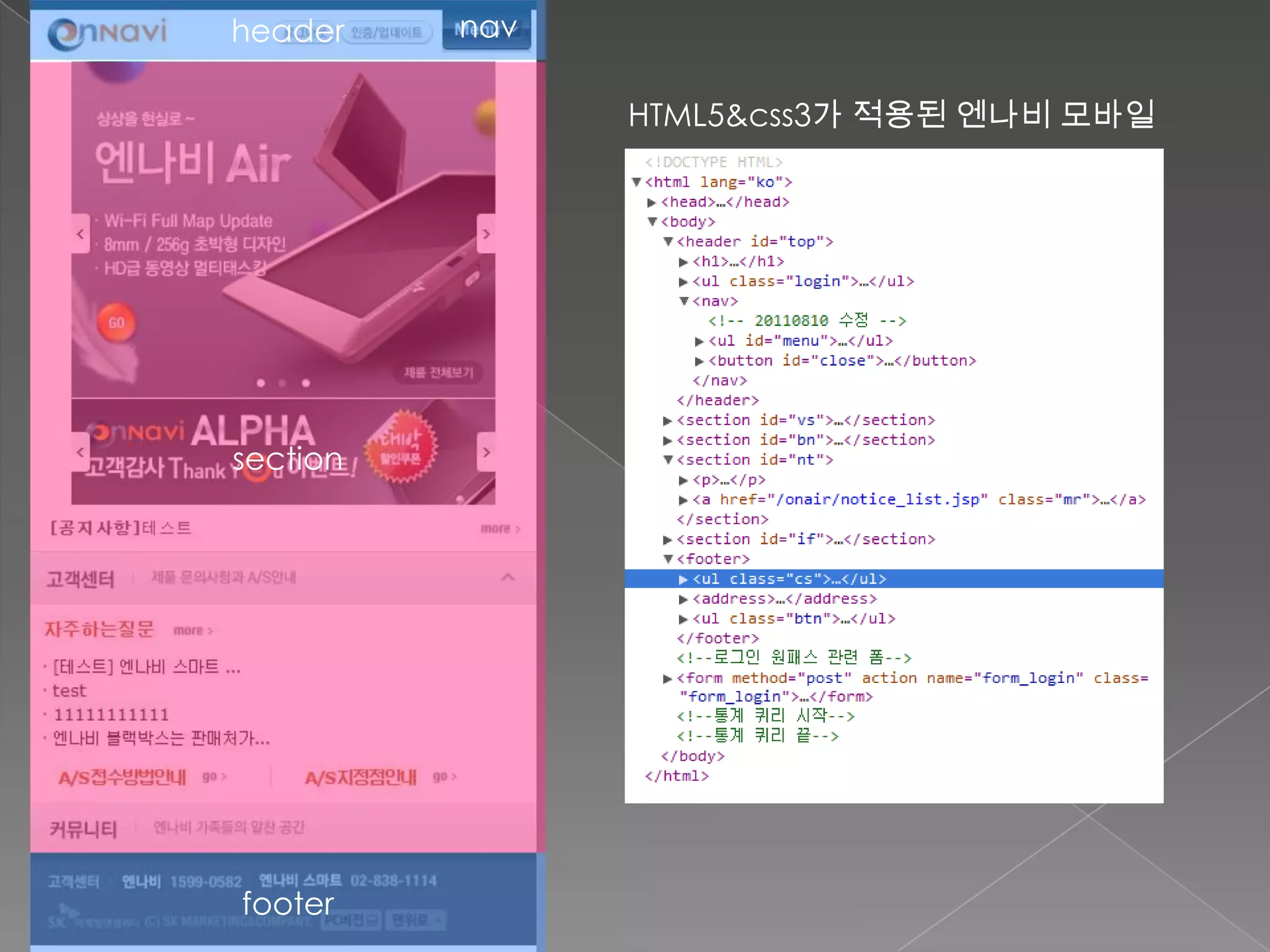 header    nav

                HTML5&css3가 적용된 엔나비 모바일




section




footer
 