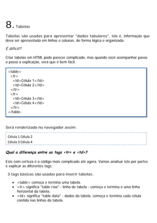 8.Tabelas
Tabelas são usadas para apresentar "dados tabulares", isto é, informação que
deva ser apresentada em linhas e colunas, de forma lógica e organizada.
É difícil?
Criar tabelas em HTML pode parecer complicado, mas quando você acompanhar passo
a passo a explicação, verá que é bem fácil.
Será renderizado no navegador assim:
Qual a diferença entre as tags <tr> e <td>?
Este com certeza é o código mais complicado até agora. Vamos analisar isto por partes
e explicar as diferentes tags:
3 tags básicas são usadas para inserir tabelas:
· <table> começa e termina uma tabela.
· <tr> significa "table row" - linha de tabela - começa e termina e uma linha
horizontal da tabela.
· <td> significa "table data" - dados da tabela. começa e termina cada célula
contida nas linhas da tabela.
<table>
<tr>
<td>Célula 1</td>
<td>Célula 2</td>
</tr>
<tr>
<td>Célula 3</td>
<td>Célula 4</td>
</tr>
</table>
Célula 1 Célula 2
Célula 3 Célula 4
 