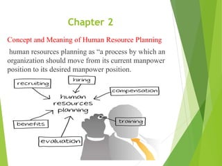 Chapter 2
Concept and Meaning of Human Resource Planning
human resources planning as “a process by which an
organization should move from its current manpower
position to its desired manpower position.
 