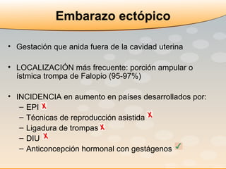 Embarazo ectópico Gestación que anida fuera de la cavidad uterina LOCALIZACIÓN más frecuente: porción ampular o ístmica trompa de Falopio (95-97%) INCIDENCIA en aumento en países desarrollados por: EPI  Técnicas de reproducción asistida  Ligadura de trompas  DIU  Anticoncepción hormonal con gestágenos  