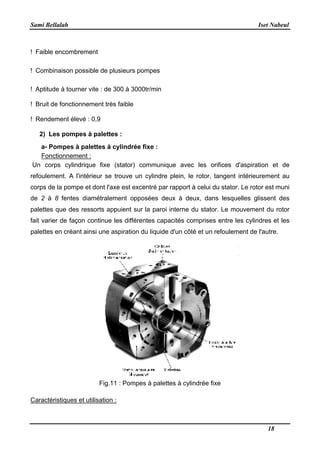 Sami Bellalah Iset Nabeul
18
! Faible encombrement
! Combinaison possible de plusieurs pompes
! Aptitude à tourner vite : de 300 à 3000tr/min
! Bruit de fonctionnement très faible
! Rendement élevé : 0,9
2) Les pompes à palettes :
a- Pompes à palettes à cylindrée fixe :
Fonctionnement :
Un corps cylindrique fixe (stator) communique avec les orifices d'aspiration et de
refoulement. A l'intérieur se trouve un cylindre plein, le rotor, tangent intérieurement au
corps de la pompe et dont l'axe est excentré par rapport à celui du stator. Le rotor est muni
de 2 à 8 fentes diamétralement opposées deux à deux, dans lesquelles glissent des
palettes que des ressorts appuient sur la paroi interne du stator. Le mouvement du rotor
fait varier de façon continue les différentes capacités comprises entre les cylindres et les
palettes en créant ainsi une aspiration du liquide d'un côté et un refoulement de l'autre.
Fig.11 : Pompes à palettes à cylindrée fixe
Caractéristiques et utilisation :
 