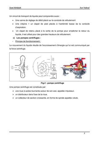 Sami Bellalah Iset Nabeul
5
Un circuit de transport de liquide peut comprendre aussi :
 Une vanne de réglage de débit placé sur la conduite de refoulement
 Une crépine + un clapet de pied placés à l’extrémité basse da la conduite
d’aspiration.
 Un clapet de retenu placé à la sortie de la pompe pour empêcher le retour du
liquide, il est utilisé pour des grandes hauteurs de refoulement.
c) Les pompes centrifuges :
- Principe de fonctionnement :
Le mouvement du liquide résulte de l’accroissement d’énergie qui lui est communiqué par
la force centrifuge.
Fig.2 : pompe centrifuge
Une pompe centrifuge est constituée par:
 une roue à aubes tournante autour de son axe, appelée impulseur.
 un distributeur dans l'axe de la roue.
 un collecteur de section croissante, en forme de spirale appelée volute.
 