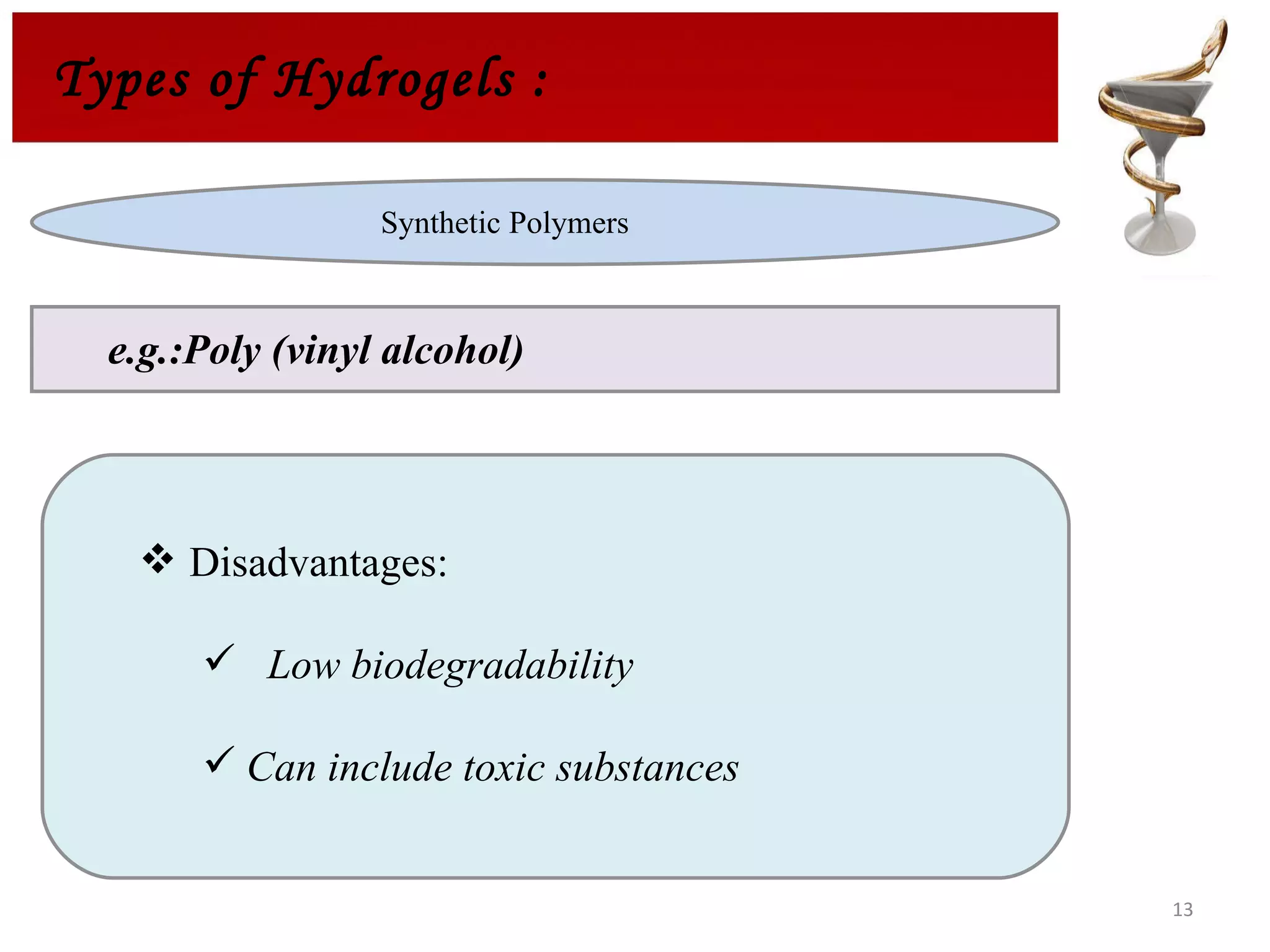 Types of Hydrogels :   Synthetic Polymers e.g.:Poly (vinyl alcohol) Disadvantages: Low biodegradability Can include toxic substances 