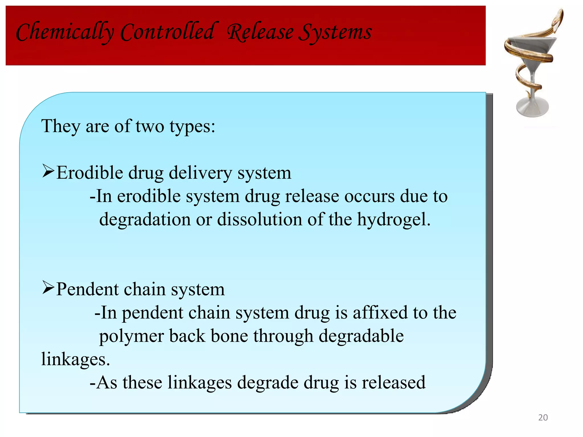 They are of two types: Erodible drug delivery system -In erodible system drug release occurs due to  degradation or dissolution of the hydrogel. Pendent chain system -In pendent chain system drug is affixed to the  polymer back bone through degradable  linkages. -As these linkages degrade drug is released Chemically Controlled  Release Systems 